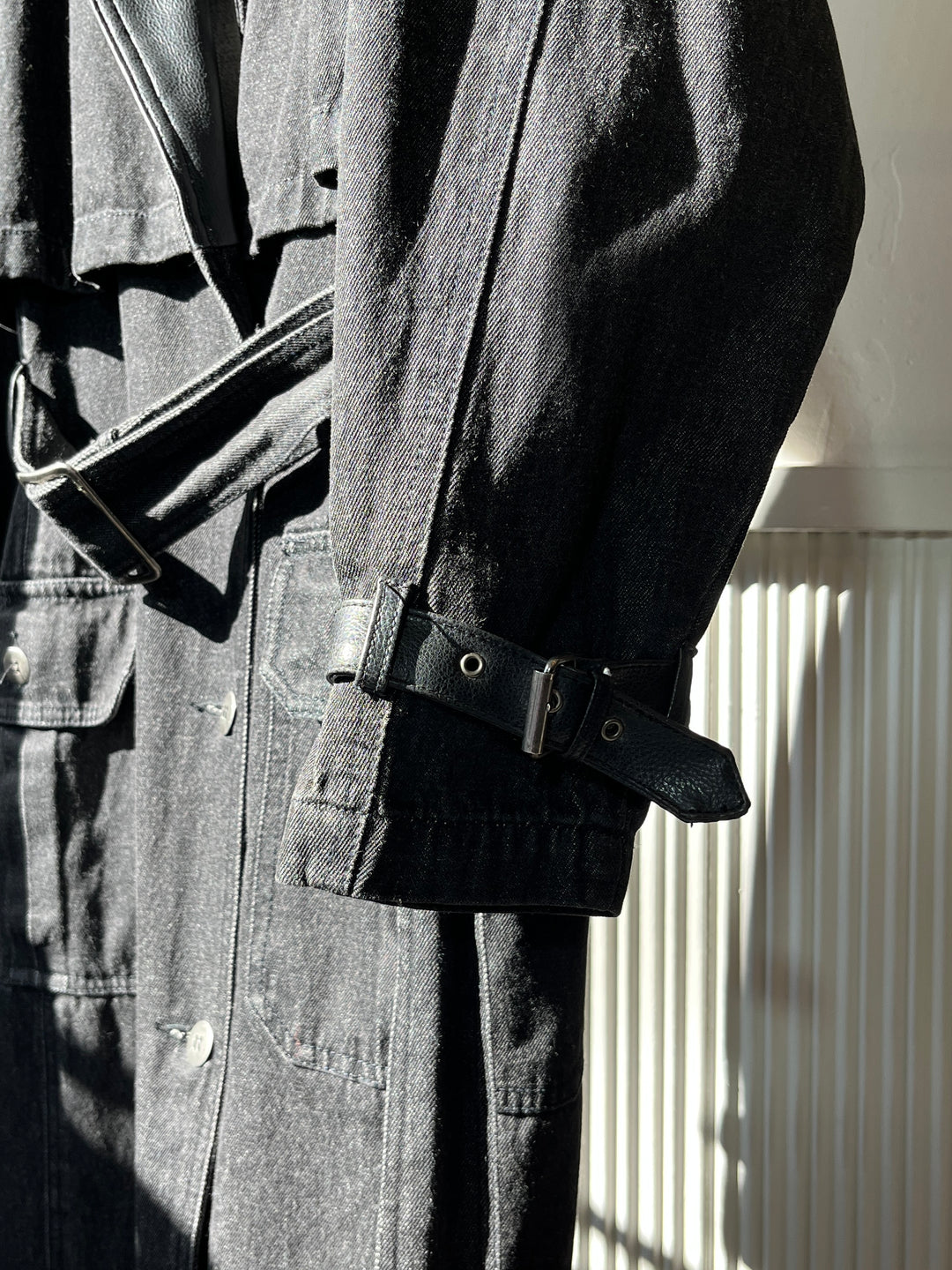 1990s black denim x leather hybrid design coat