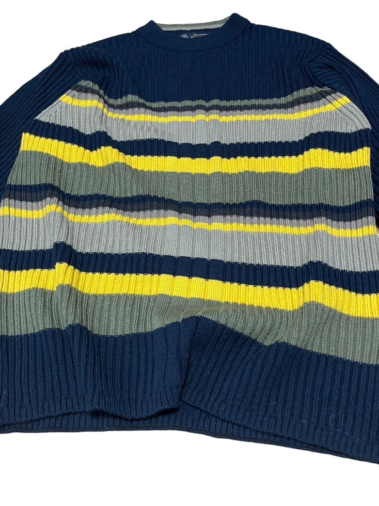 navy × khaki × yellow multi border knit