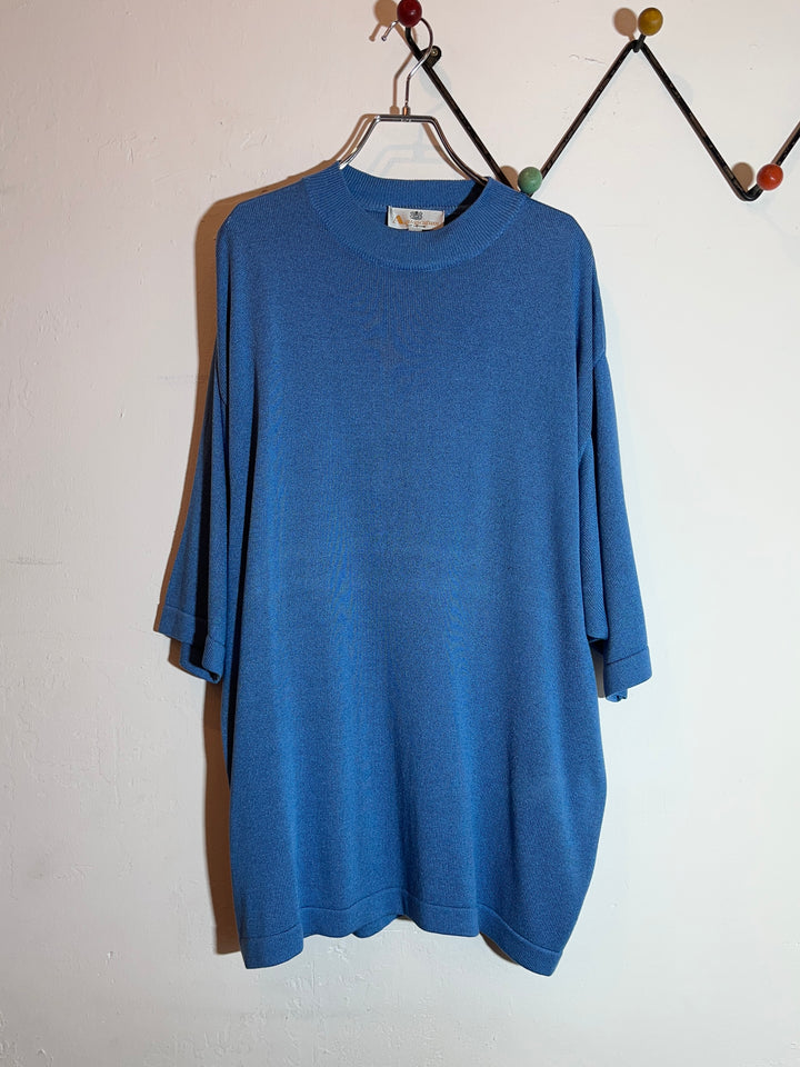 1980-90s "Aquascutum" dusty blue half sleeve summer knit