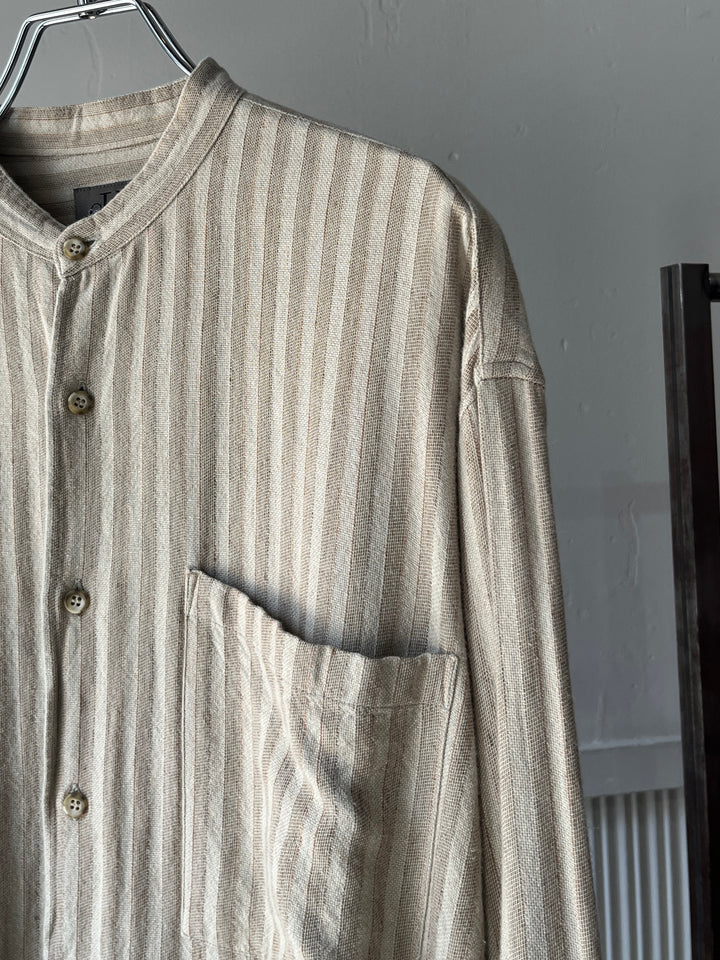 1990-00s "Calvin Klein" stripe band collar linen shirt