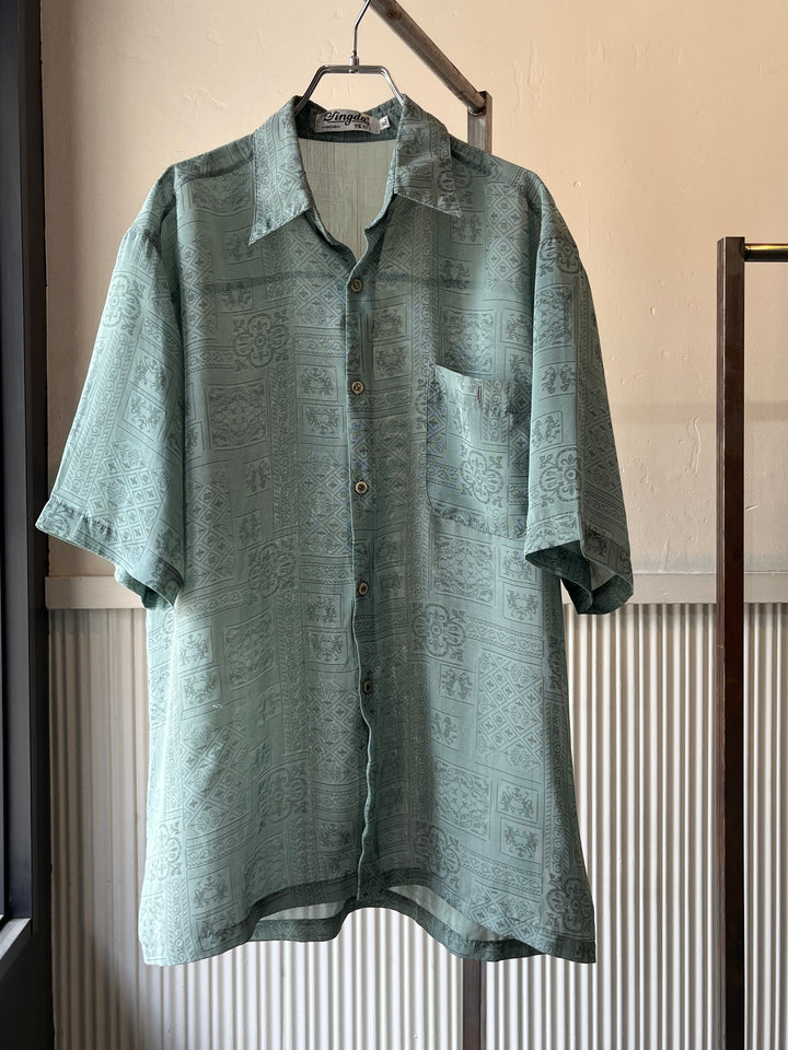 1990s mint green all-over pattern sheer s/s shirt