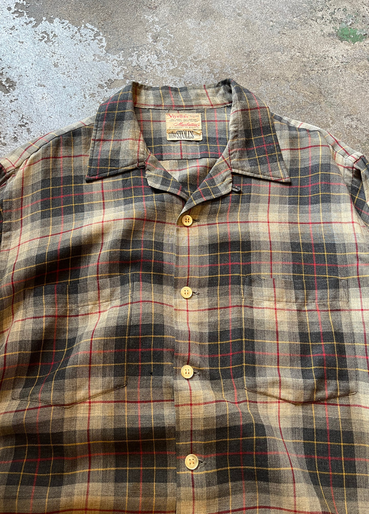1960s "Manhattan" wool brend check open collar shirt