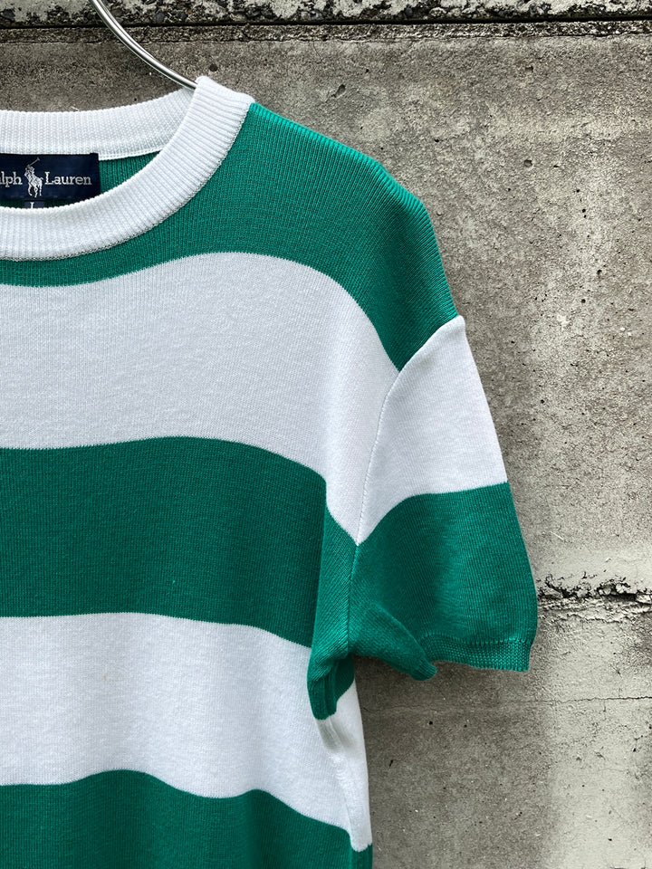 1990-00s "Ralph Lauren" green × white wide striped summer knit