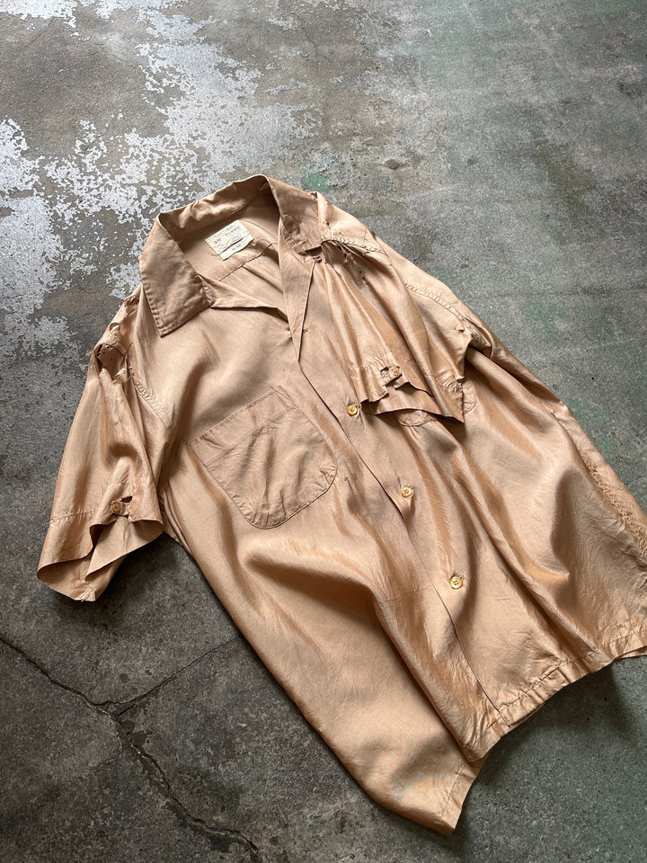 1950-60s "VAN HEUSEN" shiny beige s/s silk shirt -boro-