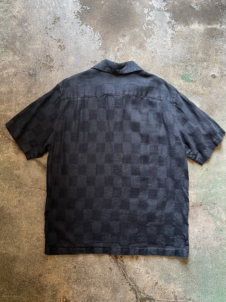1990s black checkered pattern s/s linen shirt