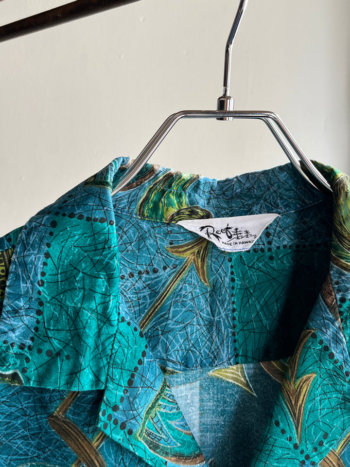 1960-70s all-over pattern s/s open collar shirt