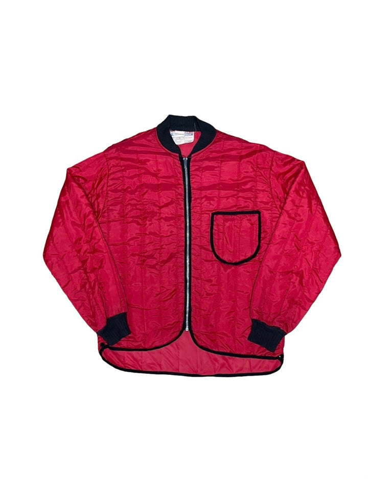 red × black quilted jacket