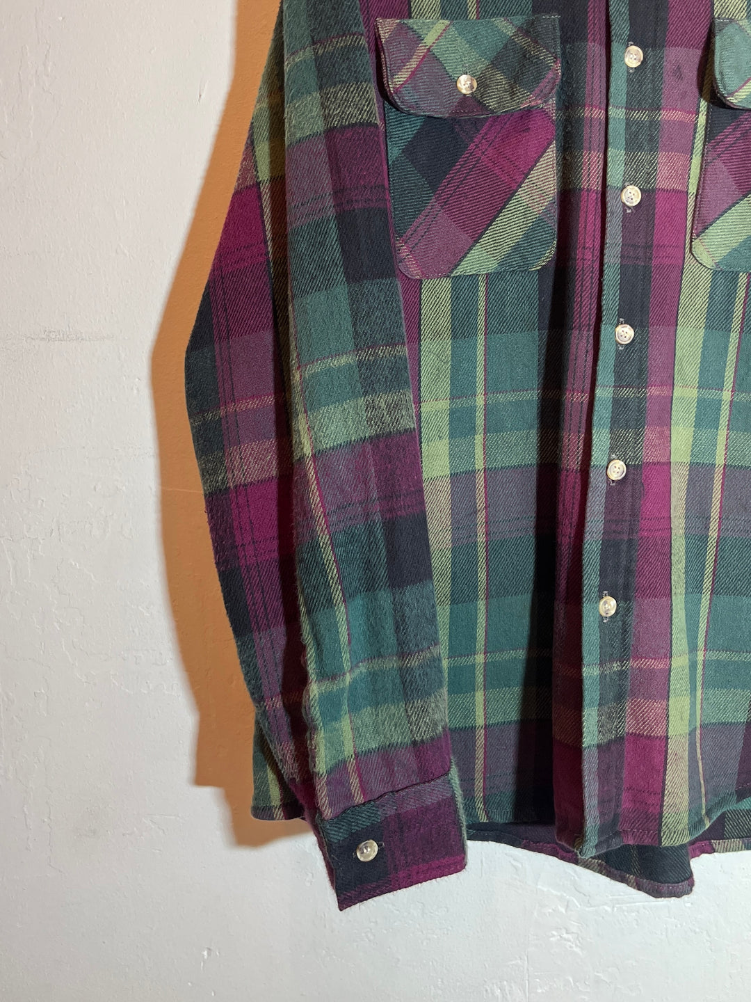 1990s "FIVE BROTHER" deep green × purple checkered flannel shirt