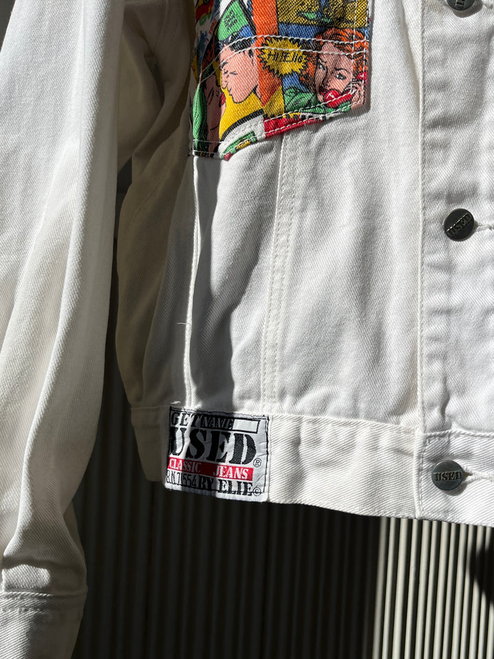 1980s "GET USED BY ELIY" pop art comic panel white denim jacket