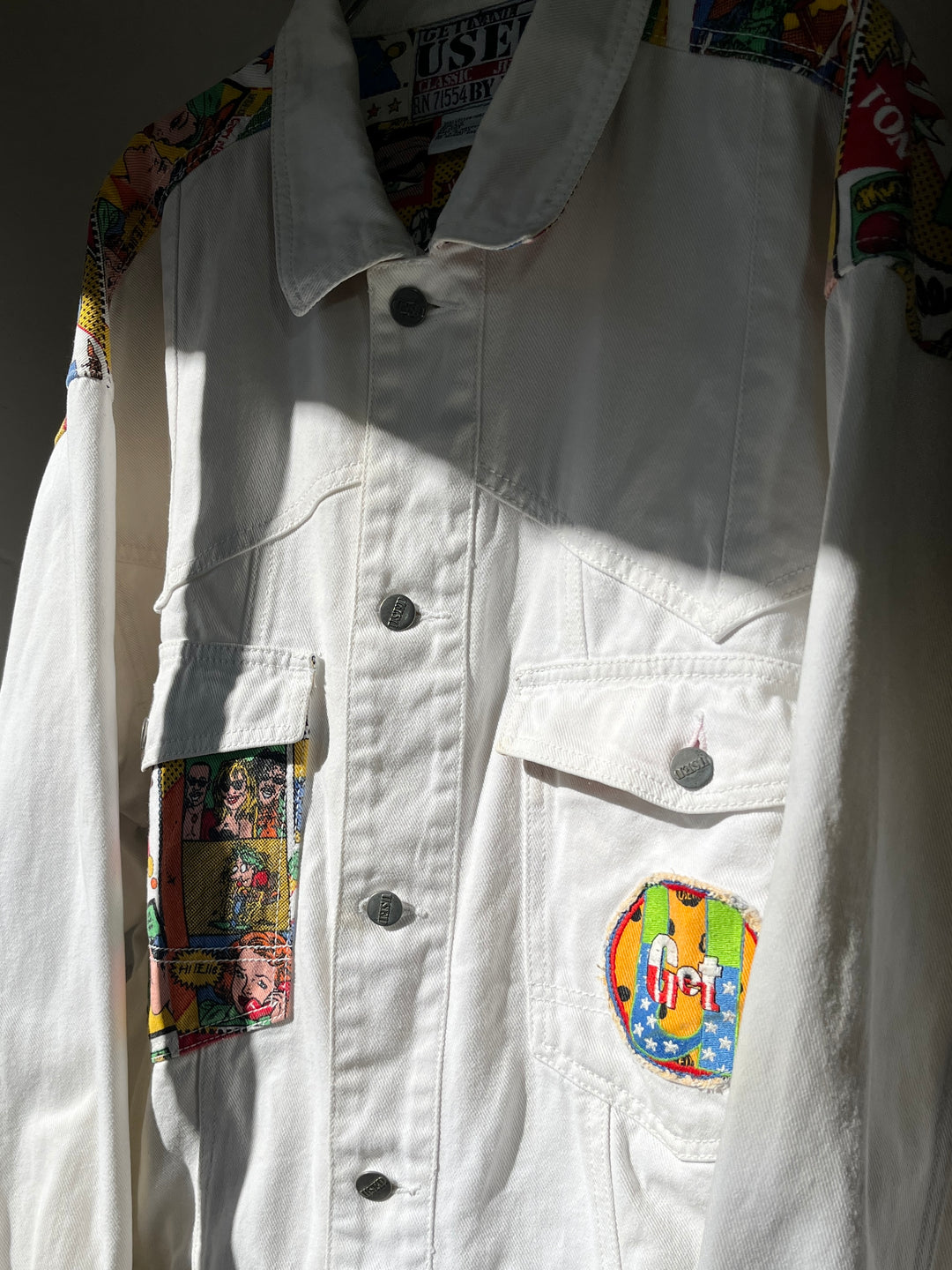 1980s "GET USED BY ELIY" pop art comic panel white denim jacket