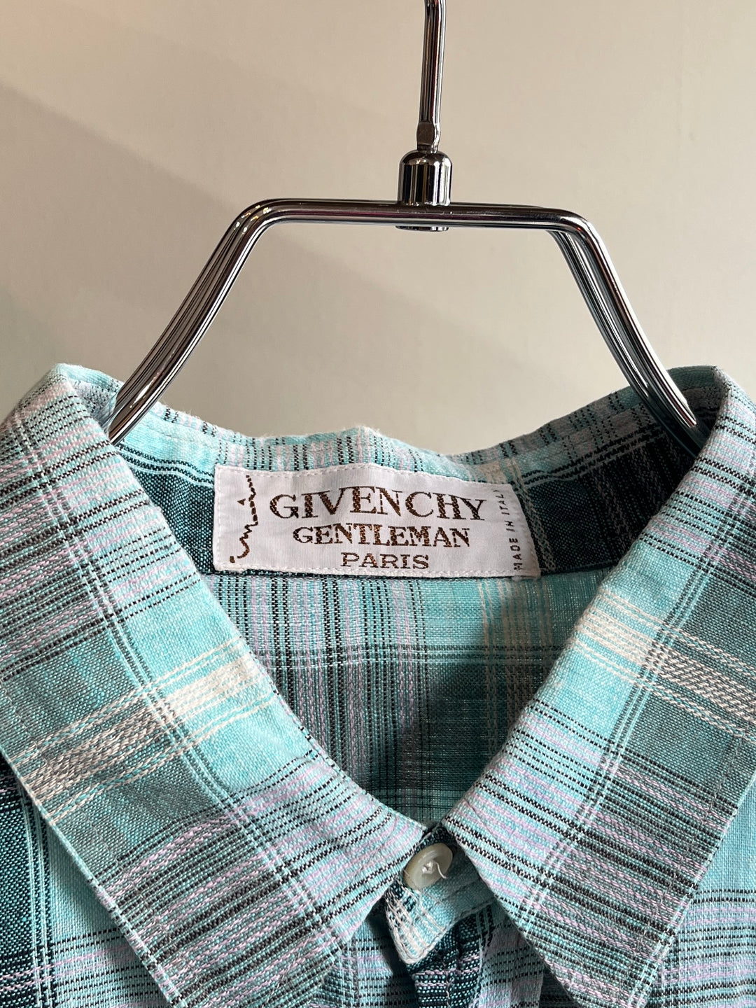 1970-80s "GIVENCHY" turquoise check linen s/s shirt
