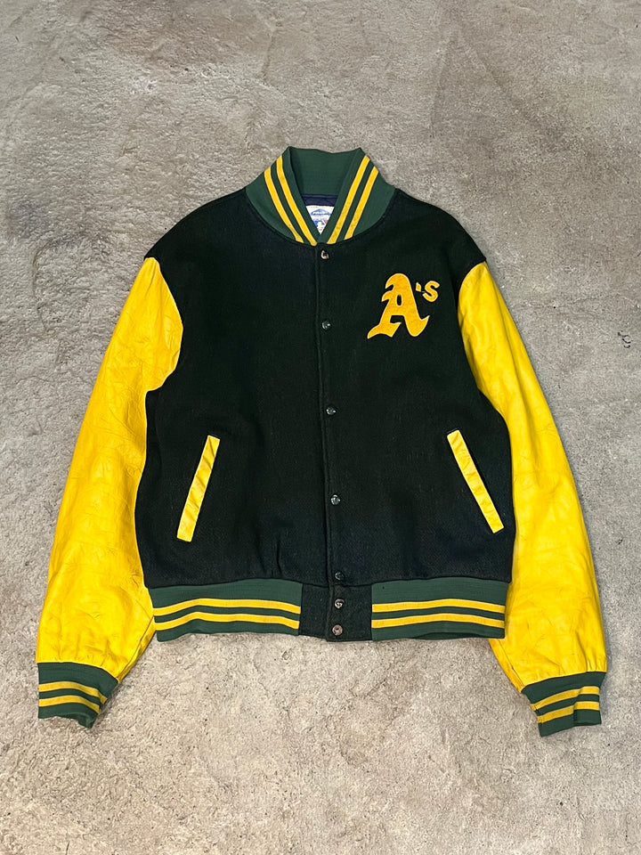 1980-90s USA made MLB Athletics melton wool × leather stadium jacket