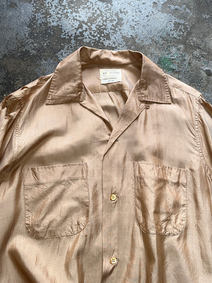 1950-60s "VAN HEUSEN" shiny beige s/s silk shirt -boro-