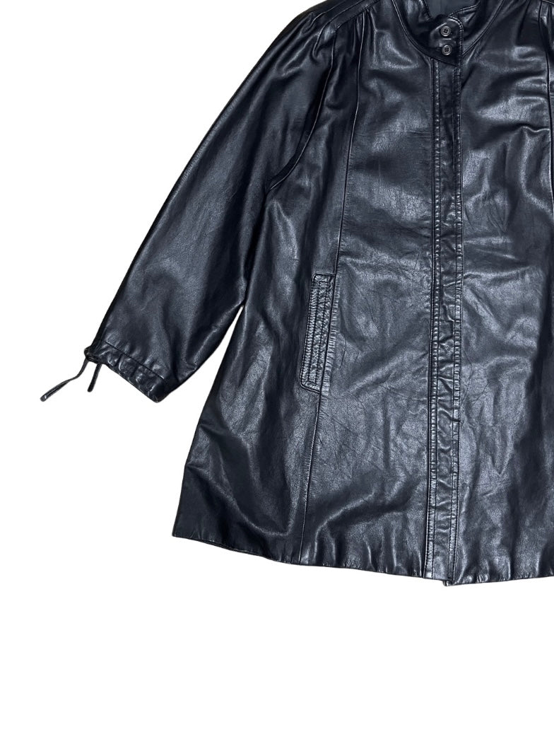 black stand-collar leather coat