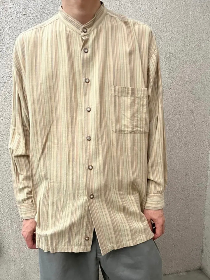 stripe pattern band-collar shirt