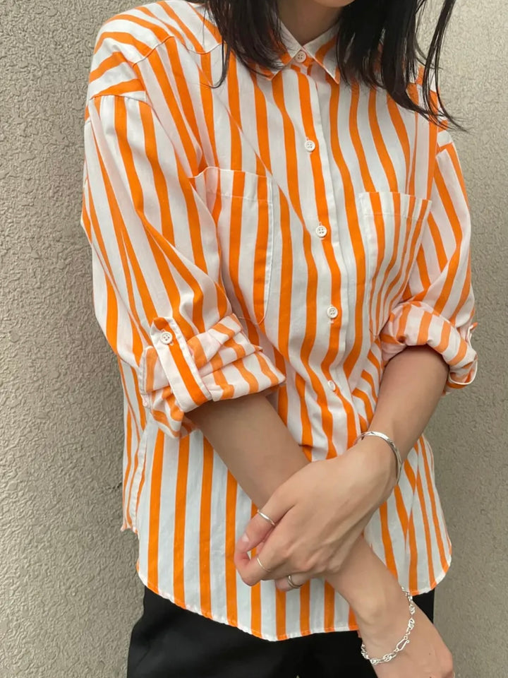 2way sleeve design orange stripe shirt