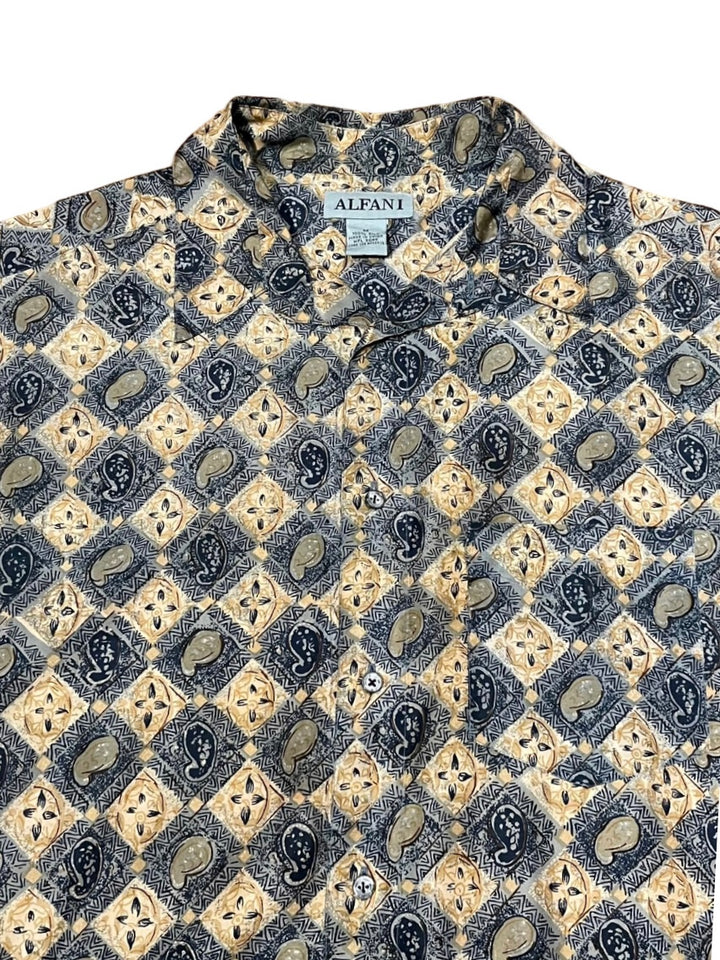 sax blue × beige total pattern silk shirt