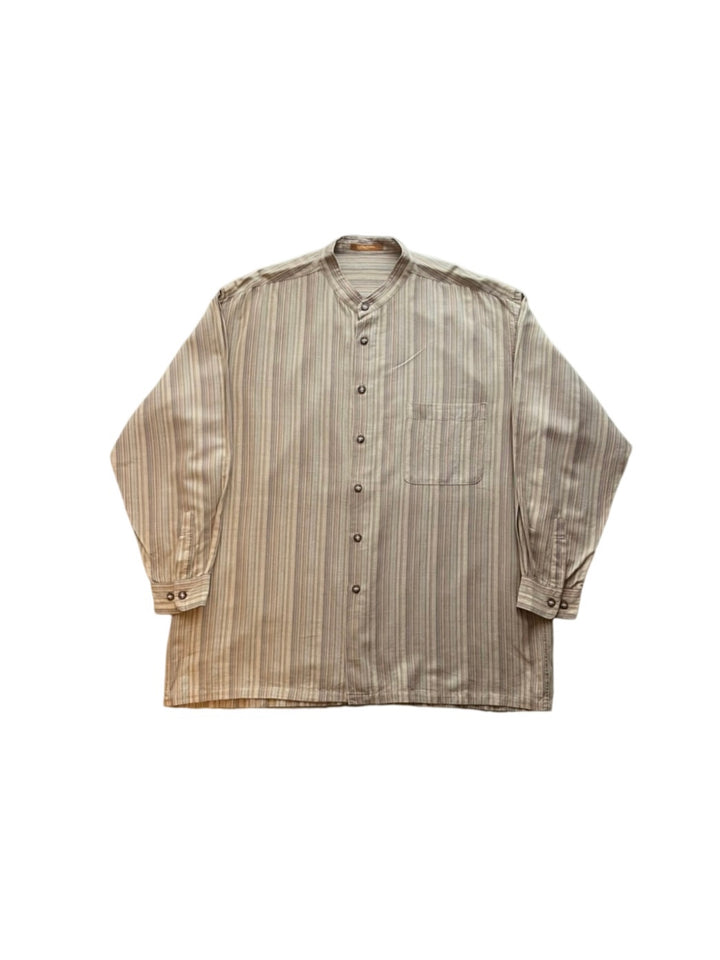 stripe pattern band-collar shirt