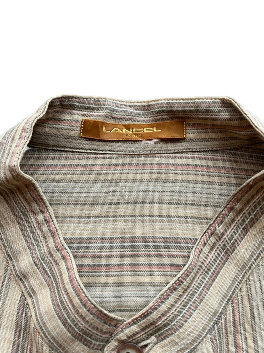 stripe pattern band-collar shirt