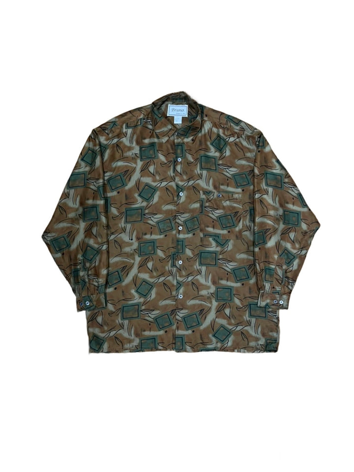 brown × dark green total pattern silk shirt