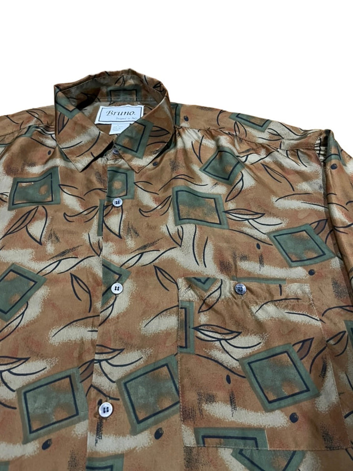 brown × dark green total pattern silk shirt